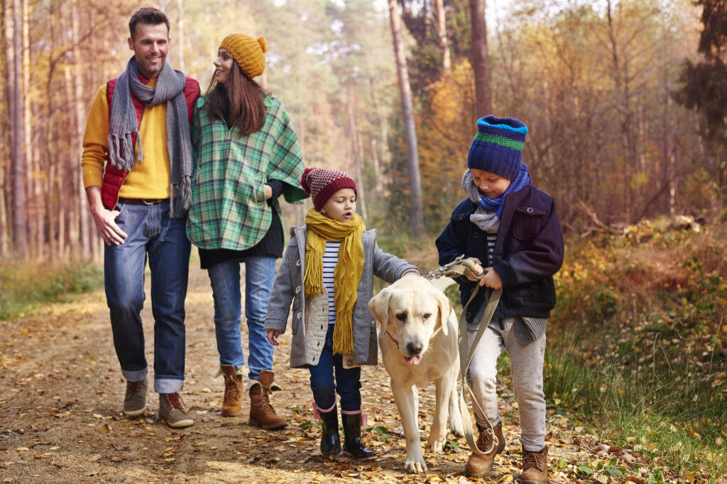 Healthy familiy with dog in nature